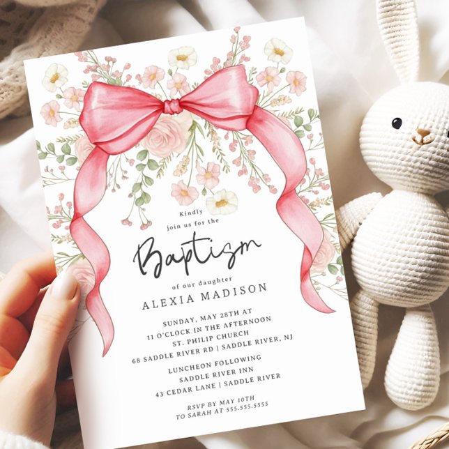 Wildflower Pink Bow Baptism Invitation (Creator Uploaded)