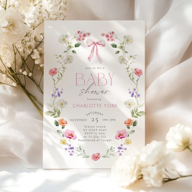 Wildflower pink Bow Elegant Baby Shower Invitation (Creator Uploaded)