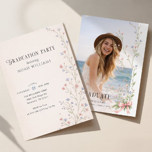Wildflower Pink Bow Elegant Photo Graduation Invitation