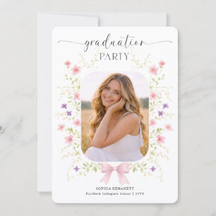 Wildflower Pink Bow Photo Collage Graduation Invitation