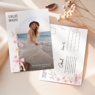 Wildflower Pink Bow Photo Graduation Announcement Postcard