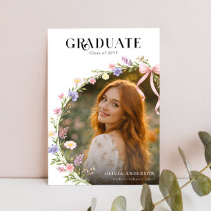 Wildflower Pink Bow Photo Graduation Invitation Postcard