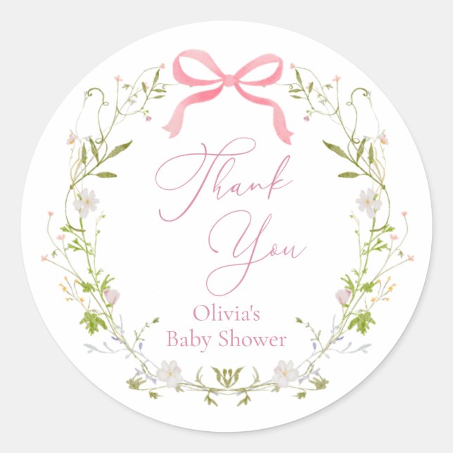 Wildflower Pink Bow Wreath Thank You Classic Round Sticker (Front)