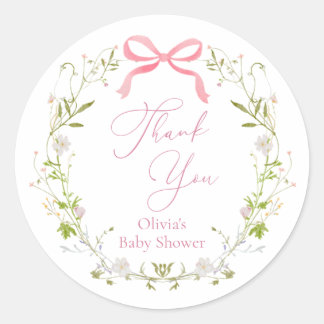 Wildflower Pink Bow Wreath Thank You Classic Round Sticker