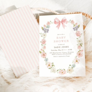 Wildflower Pink Floral Baby Girls Bow Baby Shower Invitation
