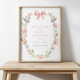 Wildflower Pink Floral Baby Girls Bow Baby Shower Poster
