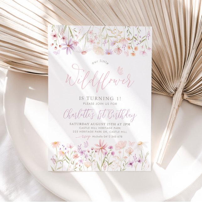 Wildflower Pink Floral Girls 1st Birthday Invitation (Creator Uploaded)