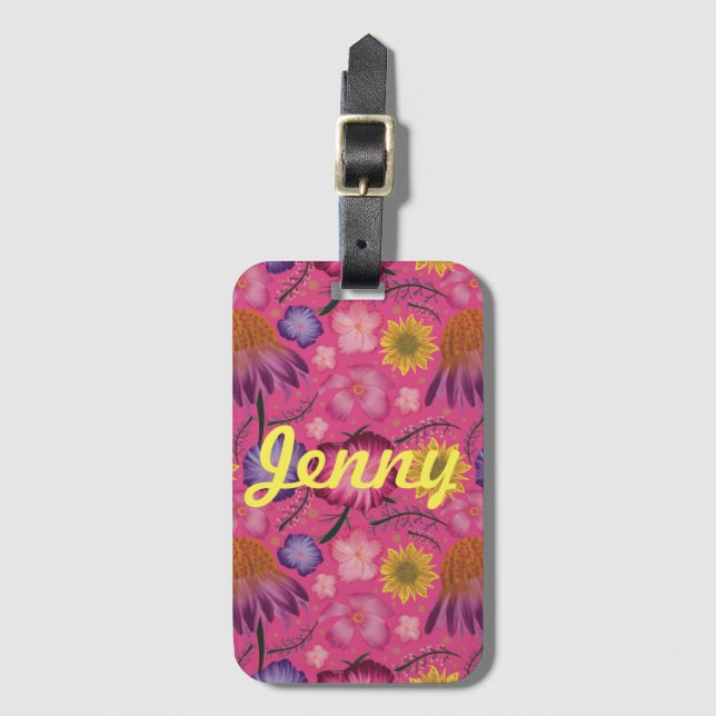 Wildflower Pink Floral Personalised Luggage Tag (Front Vertical)