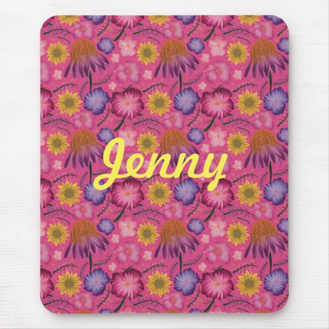 Wildflower Pink Floral Personalised Mouse Mat (Front)