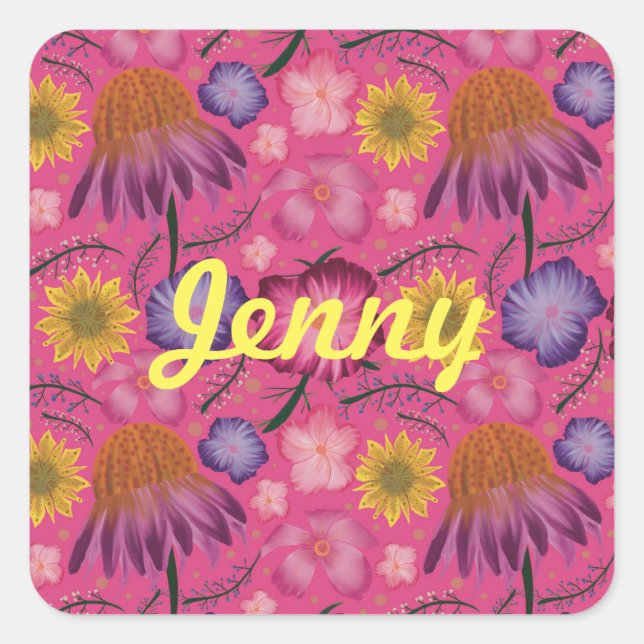Wildflower Pink Floral Personalised Square Sticker (Front)