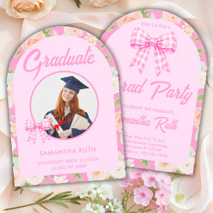 Wildflower Pink Gingham Bow Arch Photo Graduation Invitation