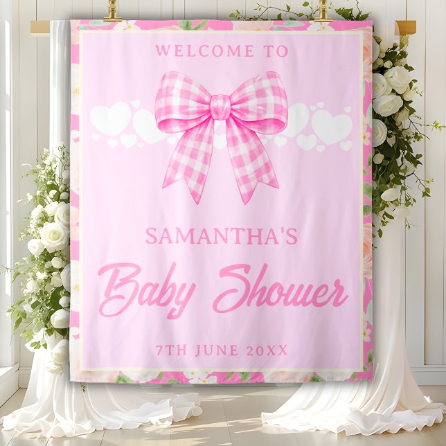 Wildflower Pink Gingham Bow Baby Shower Backdrop Tapestry (Creator Uploaded)