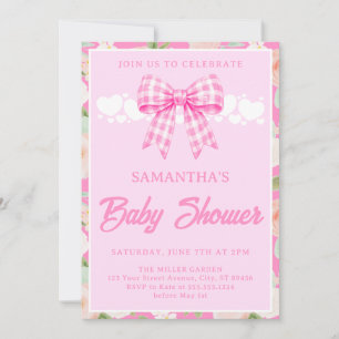 Wildflower Pink Gingham Bow Girl Baby Shower Invitation