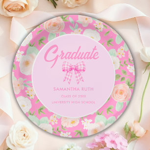 Wildflower Pink Gingham Bow Graduation Party Paper Plate