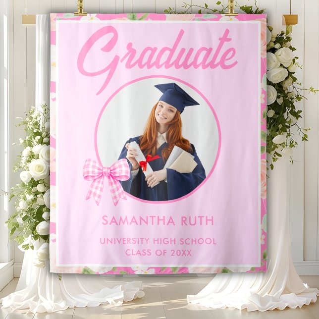 Wildflower Pink Gingham Bow Photo Grad Backdrop Tapestry (Creator Uploaded)