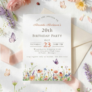 Wildflower Pink Purple Garden Party 20th Birthday Invitation
