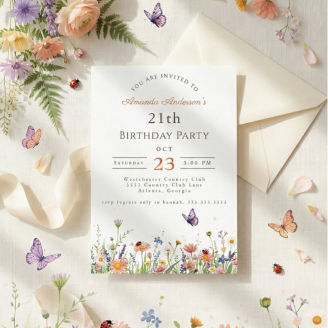 Wildflower Pink Purple Garden Party 21th Birthday Invitation (Creator Uploaded)