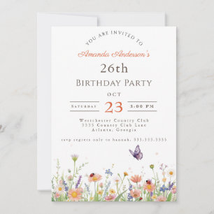 Wildflower Pink Purple Garden Party 26th Birthday Invitation