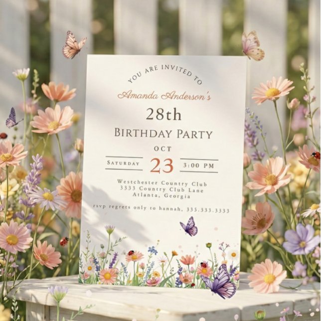 Wildflower Pink Purple Garden Party 28th Birthday Invitation (Creator Uploaded)