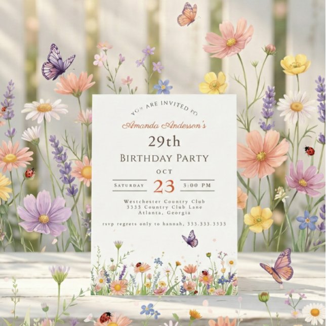 Wildflower Pink Purple Garden Party 29th Birthday Invitation (Creator Uploaded)