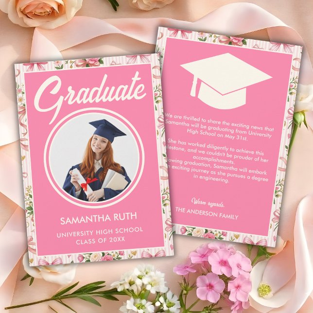 Wildflower Pink Striped Bows & Ribbons Graduation Announcement (Creator Uploaded)