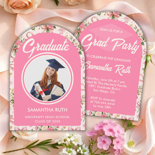 Wildflower Pink Striped Bows & Ribbons Graduation Invitation