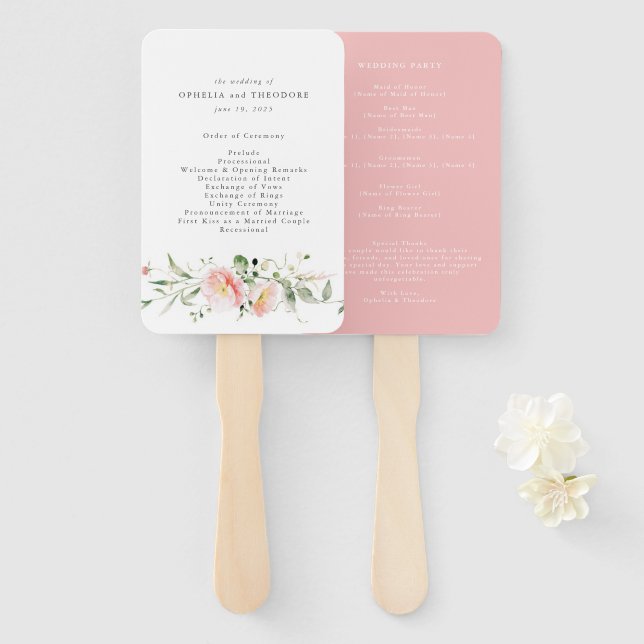 Wildflower Pink Watercolor Elegant Wedding Program Hand Fan (Front and Back)
