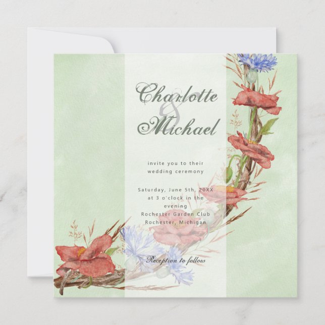 Wildflower poppies cornflower wedding invitation (Front)