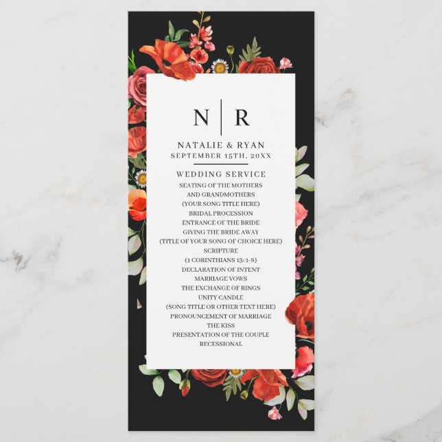 Wildflower Poppies Dark Monogram Wedding Programme (Front)