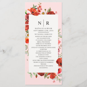 Wildflower Poppies Pink Monogram Wedding Programme