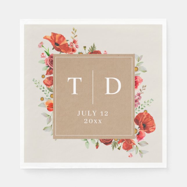 Wildflower Poppy Cardstock Wedding Napkin (Front)