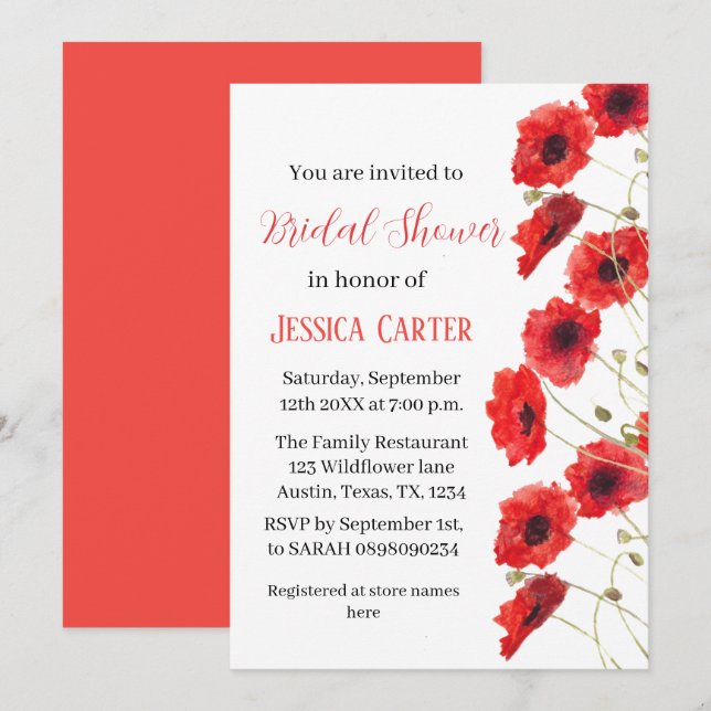 Wildflower Poppy Red Floral Bridal Shower  Invitation (Front/Back)