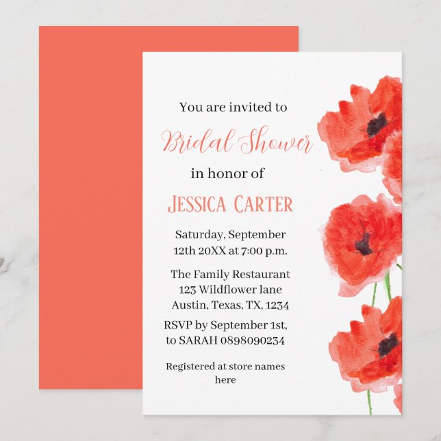 Wildflower Poppy Red Floral Bridal Shower  Invitation (Front/Back)
