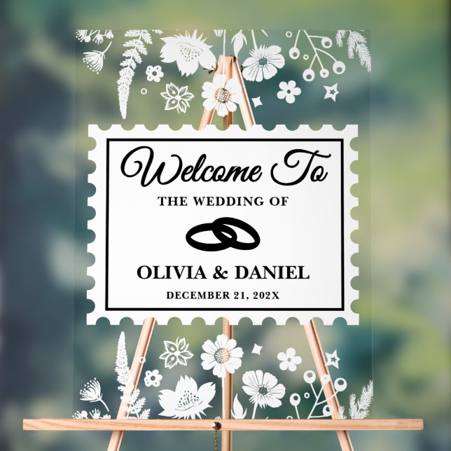 Wildflower Postage Stamp Wedding Welcome Acrylic Sign (Neutral)