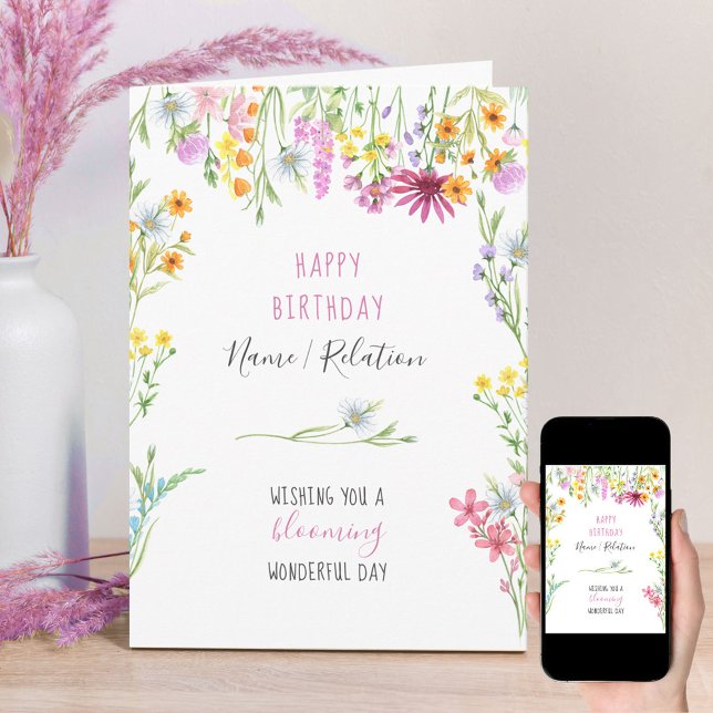 Wildflower Pretty Watercolor Floral Frame Birthday Card (Creator Uploaded)