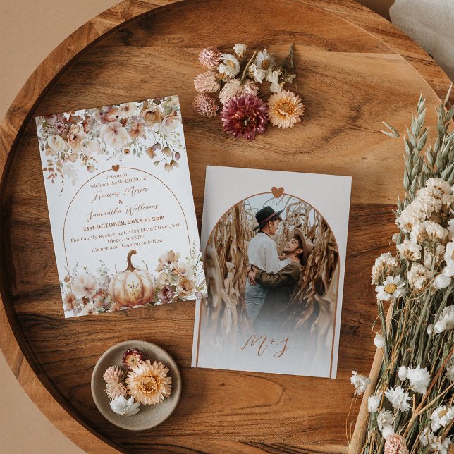 Wildflower & Pumpkin Boho Chic Fall Wedding Invitation (Creator Uploaded)