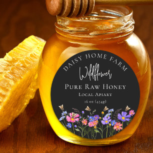 Wildflower Pure Raw Honey Jar Black Classic Round Sticker