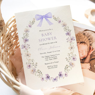 Wildflower Purple Bow Baby Shower Invitation