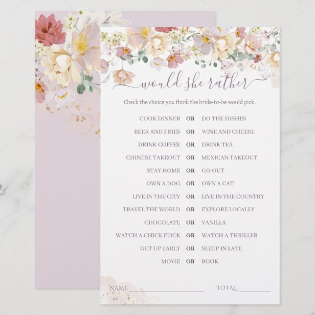  Wildflower Purple Bridal Would she Rather game (Front/Back)