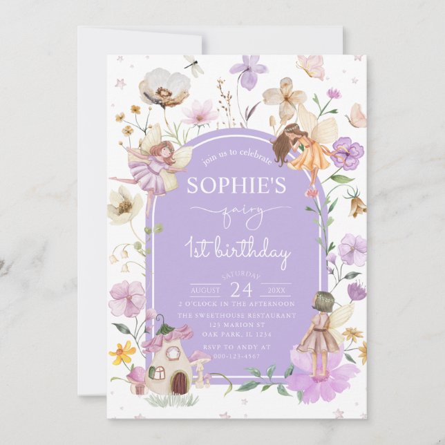 Wildflower Purple Fairy 1st Birthday Party  Invitation (Front)