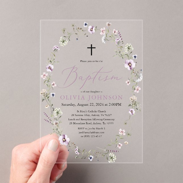 Wildflower Purple Floral Girl Baptism Acrylic Invitations (Insitu (Handheld))