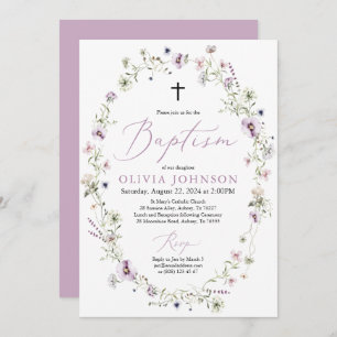 Wildflower Purple Floral Girl Baptism Invitation