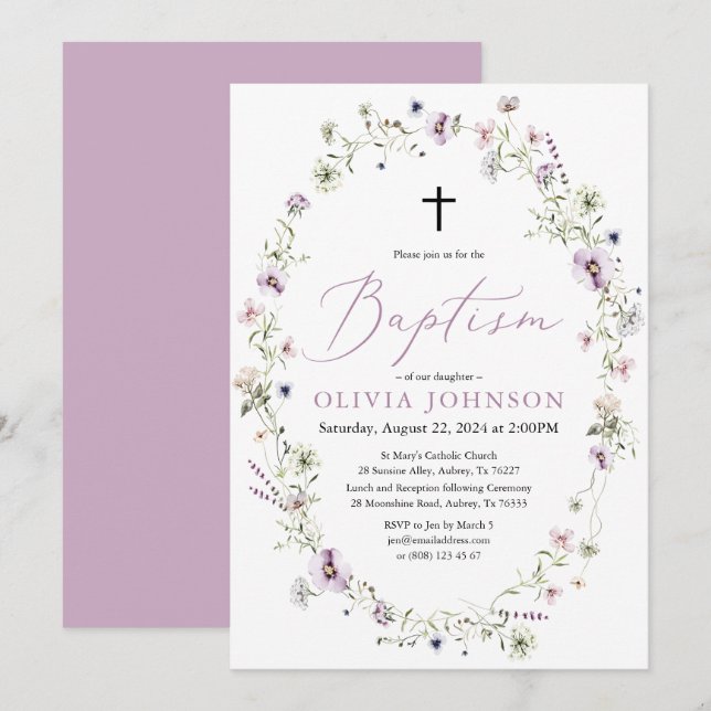 Wildflower Purple Floral Girl Baptism Invitation (Front/Back)