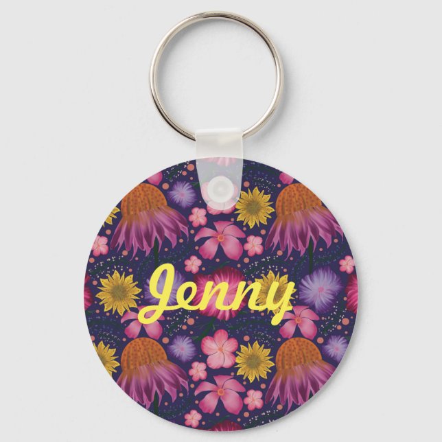 Wildflower Purple Floral Personalised Key Ring (Front)