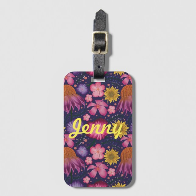 Wildflower Purple Floral Personalised Luggage Tag (Front Vertical)