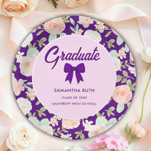 Wildflower Purple Gingham Bow Graduation Party Paper Plate