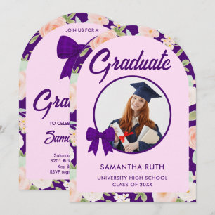 Wildflower Purple Gingham Bow Photo Graduation Invitation