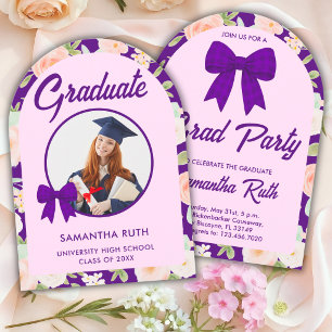 Wildflower Purple Gingham Bow Photo Graduation Invitation