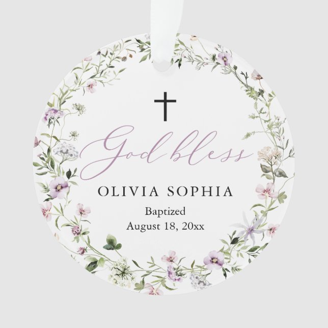 Wildflower Purple Girl Baptism Acrylic Ornament (Front)