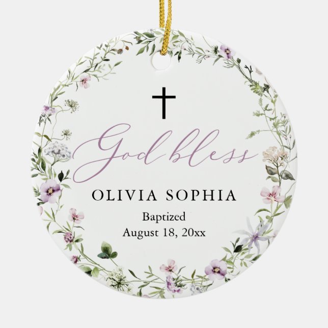 Wildflower Purple Girl Photo Baptism Ornament (Front)
